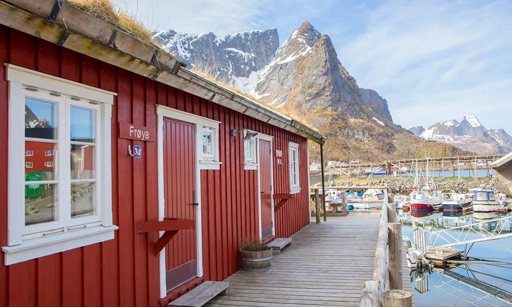 Red rorbu cabins on a wooden boardwalk next to a harbor filled with boats, with mountains in the background