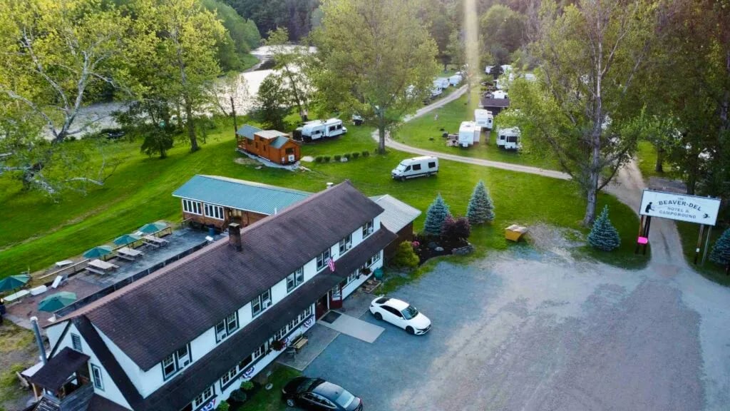 Aerial view of Beaver-Del main building and campground by the river
