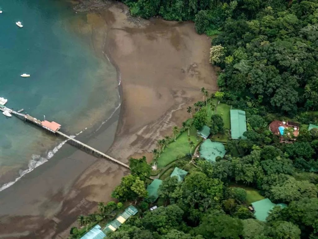 Aerial view of Tropic Star Lodge grounds, beach, and dock nestled in a green bay