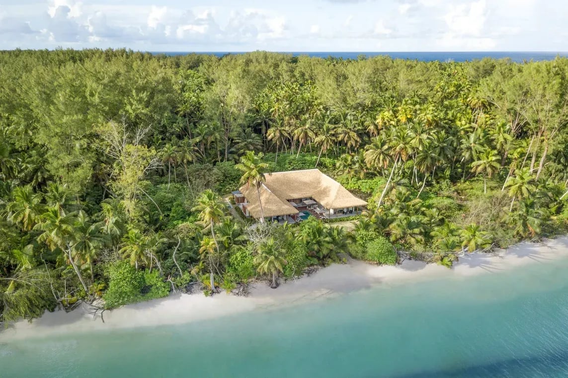 Aerial view of a beach retreat with thatched roofs surrounded by dense palm forest.
