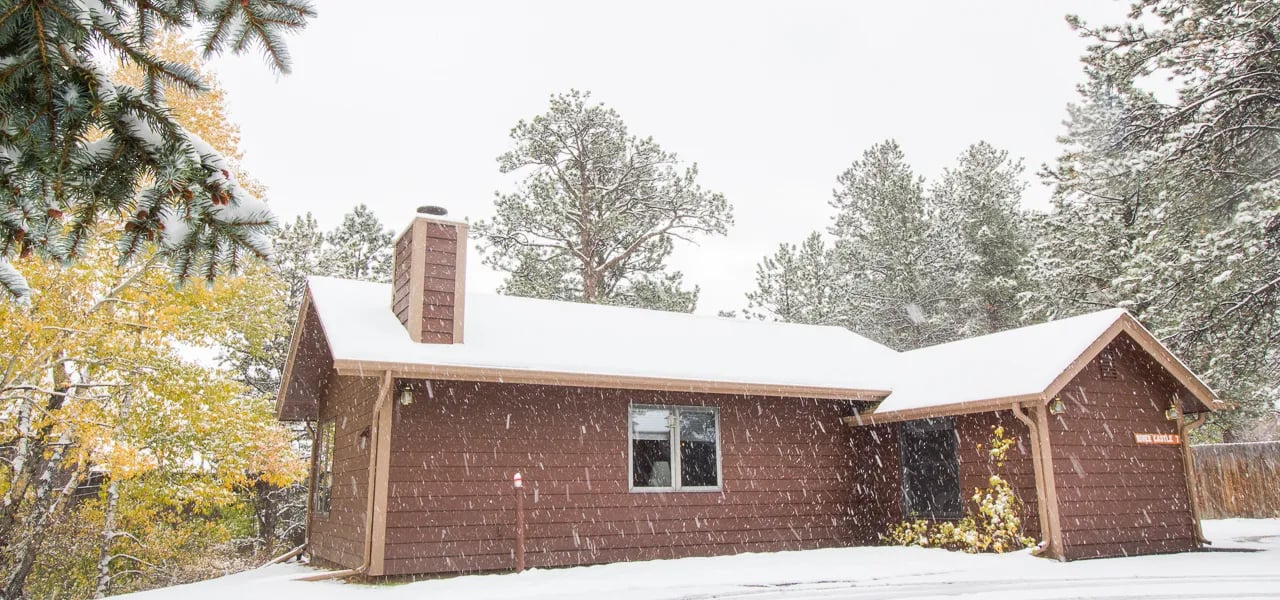 Brown cabin exterior covered in a light dusting of snow with pine trees in the background