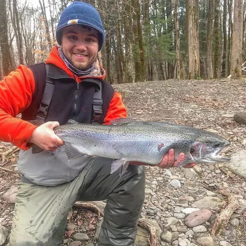 Angler in a blue hat holding a large Steelhead on a rocky riverbank