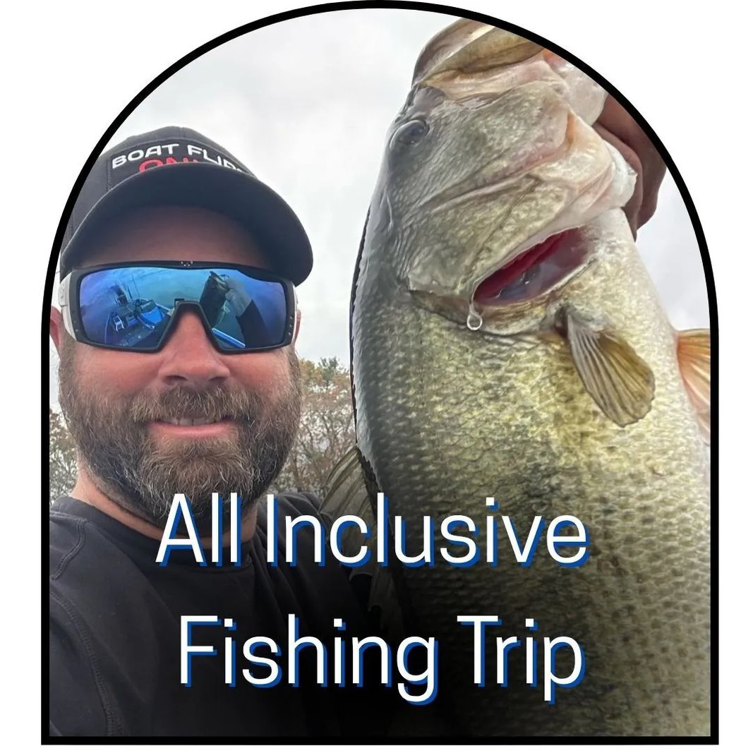Man in sunglasses holding a large bass with text overlay 'All Inclusive Fishing Trip'.
