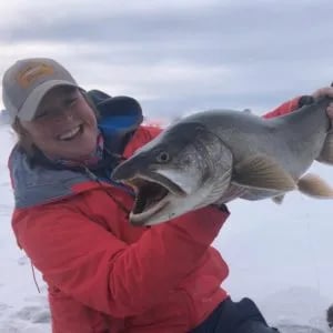 Angler smiling, holding a large fish with its mouth open on a snowy surface