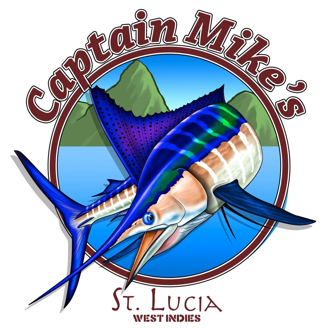 Captain Mike's logo featuring a colorful marlin and St. Lucia, West Indies text