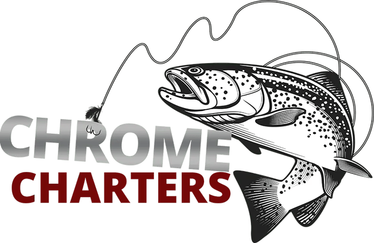 Chrome Charters logo with a leaping trout design on a black background