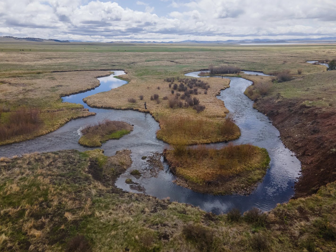 Aerial view of a winding river flowing through a vast green and brown landscape