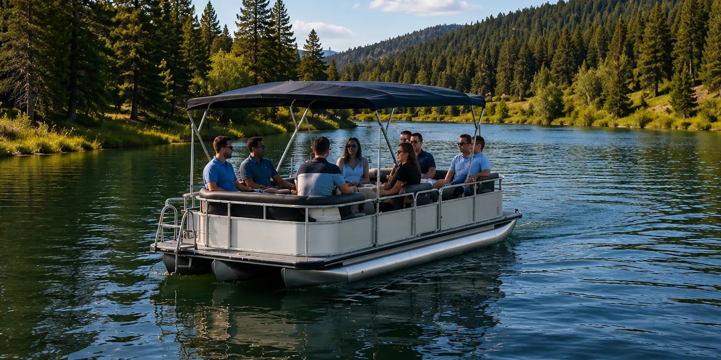 Pontoon boat with several people cruising on a lake surrounded by forest.