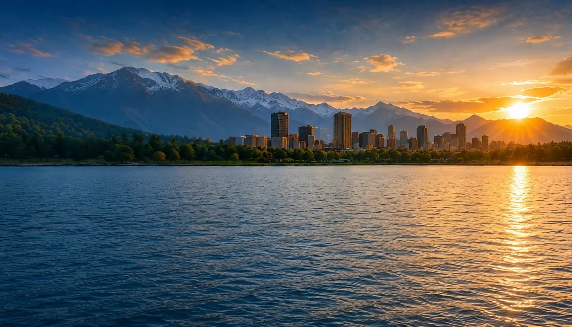 Sunset over a lake with a city skyline and snow-capped mountains in the background.