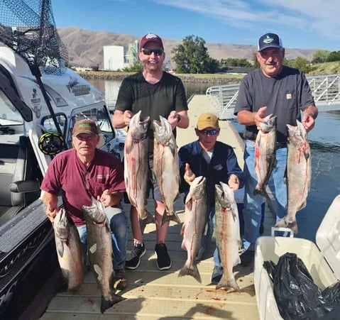 Two anglers on a dock with a large catch of King Salmon laid out.