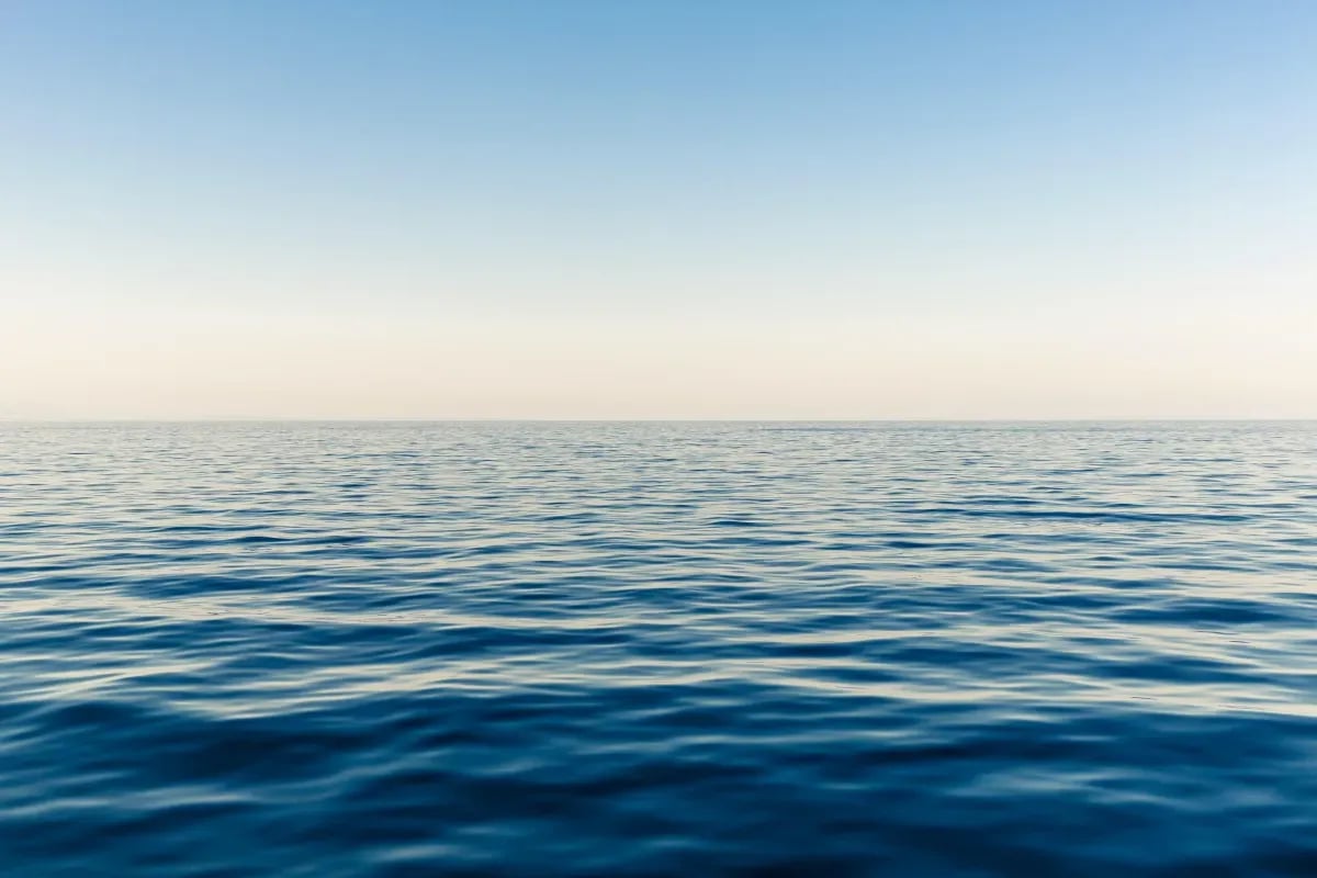 Expansive view of calm blue ocean water meeting a clear sky.