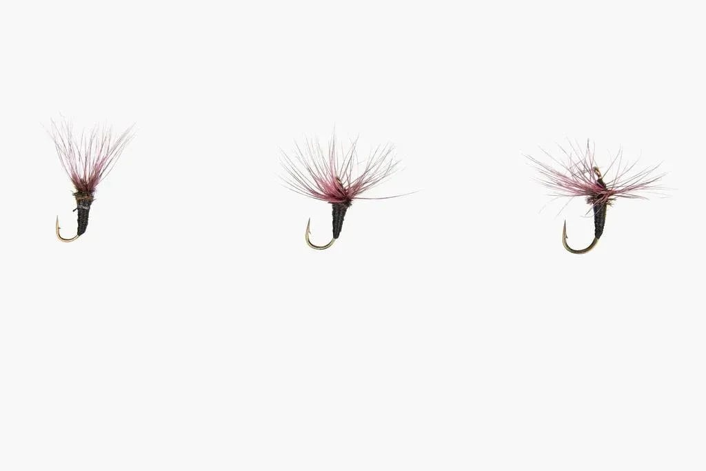 Three small Tenkara flies with red hackle on a white background.
