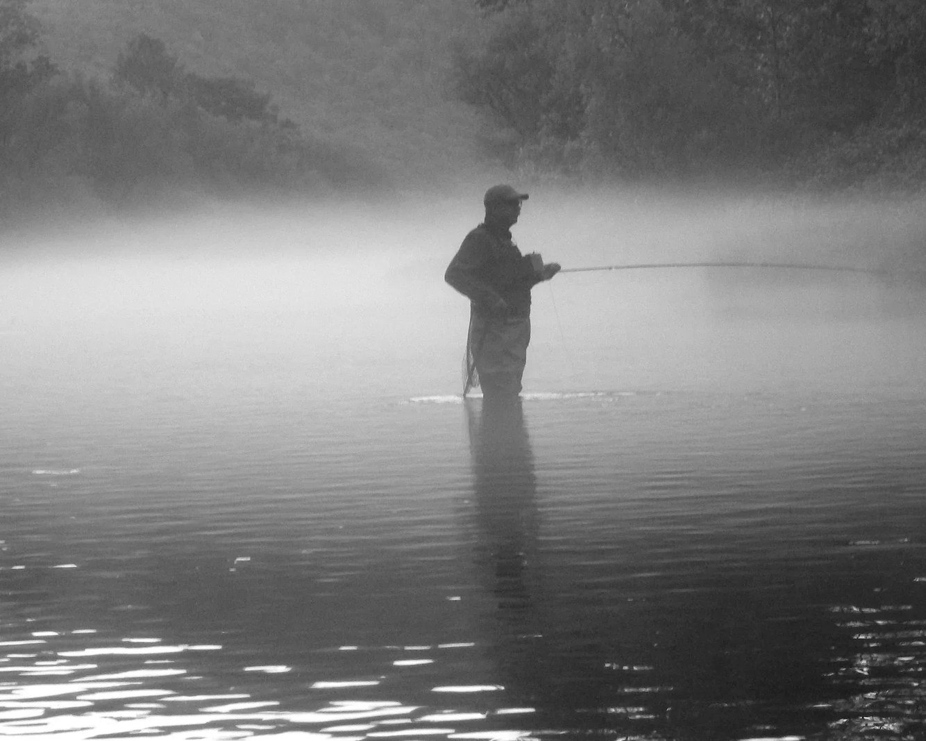 Angler wading in a foggy river, casting a fly rod.