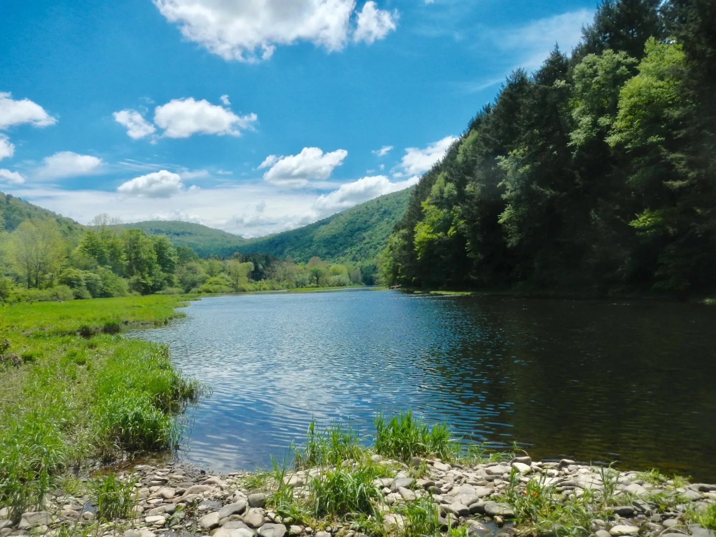 Scenic river with lush green hills under a bright blue sky.