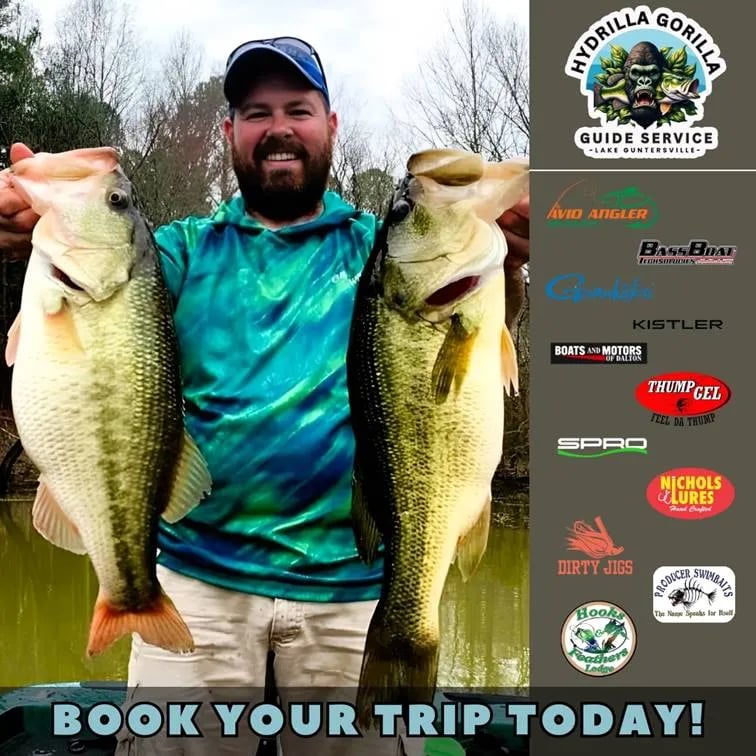 Angler holding a large Largemouth Bass at sunset with 'Night Fishing' promotion text.