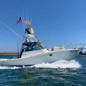 Group of four anglers on a boat holding a large Blue Marlin.
