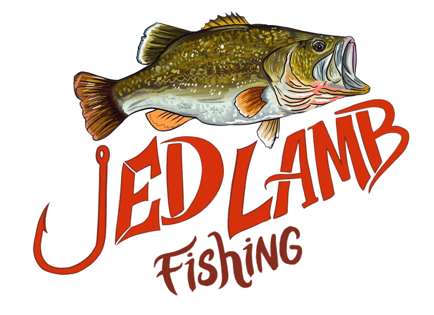 Jed Lamb Fishing logo with a Largemouth Bass illustration over red text