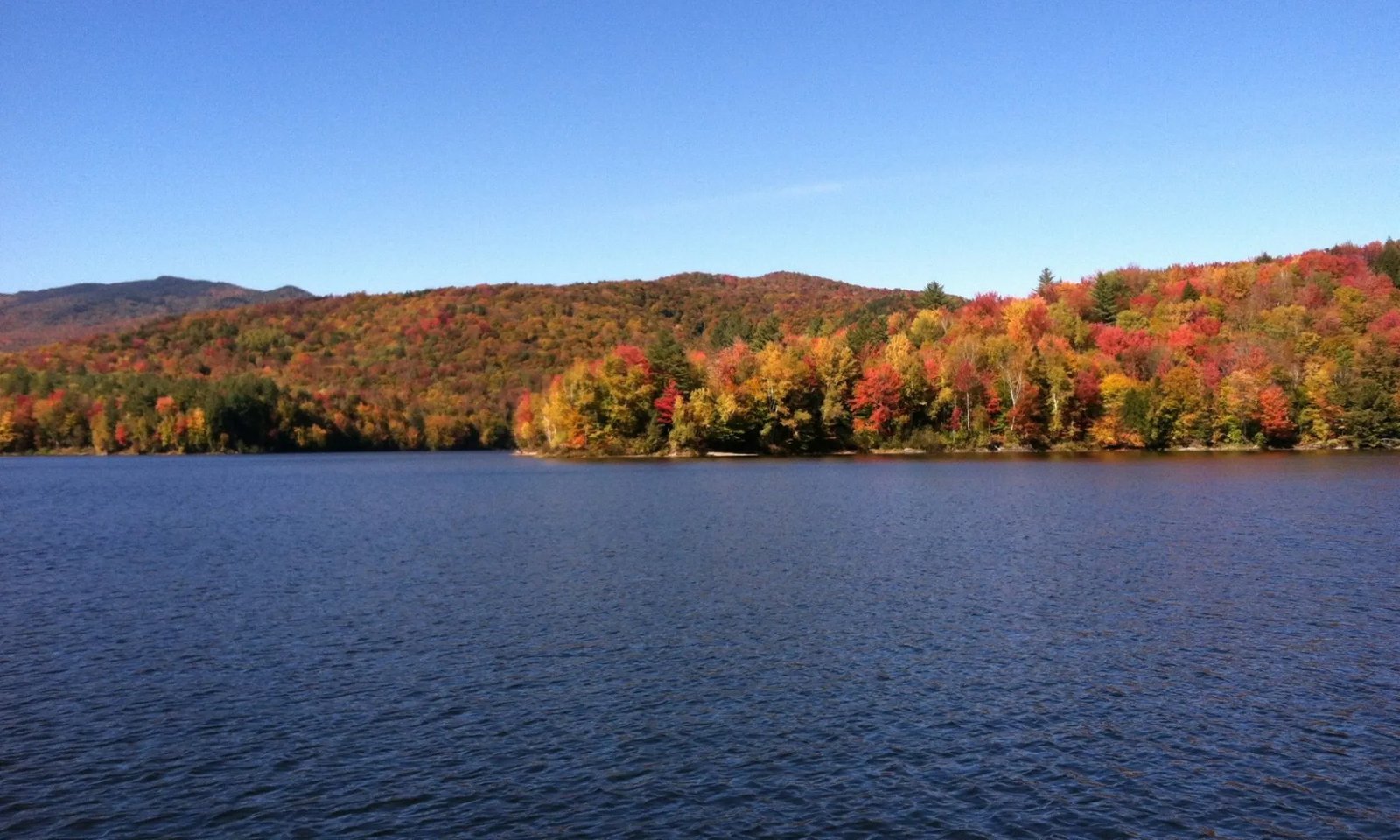 Wide view of a lake bordered by trees with bright autumn leaves under a clear blue sky
