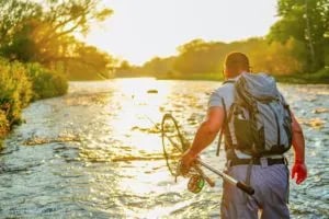 Angler in glasses holding a spotted Brown Trout in a shallow river on a sunny day