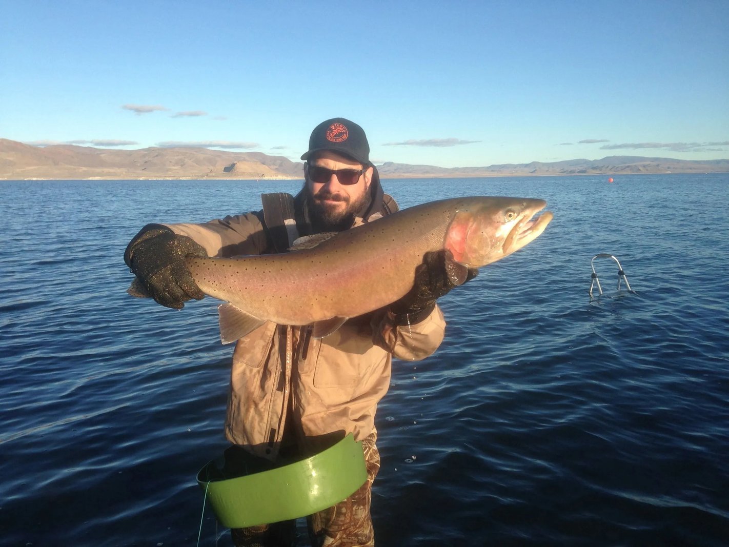 Man in waders holding a large Cutthroat Trout in open lake water.
