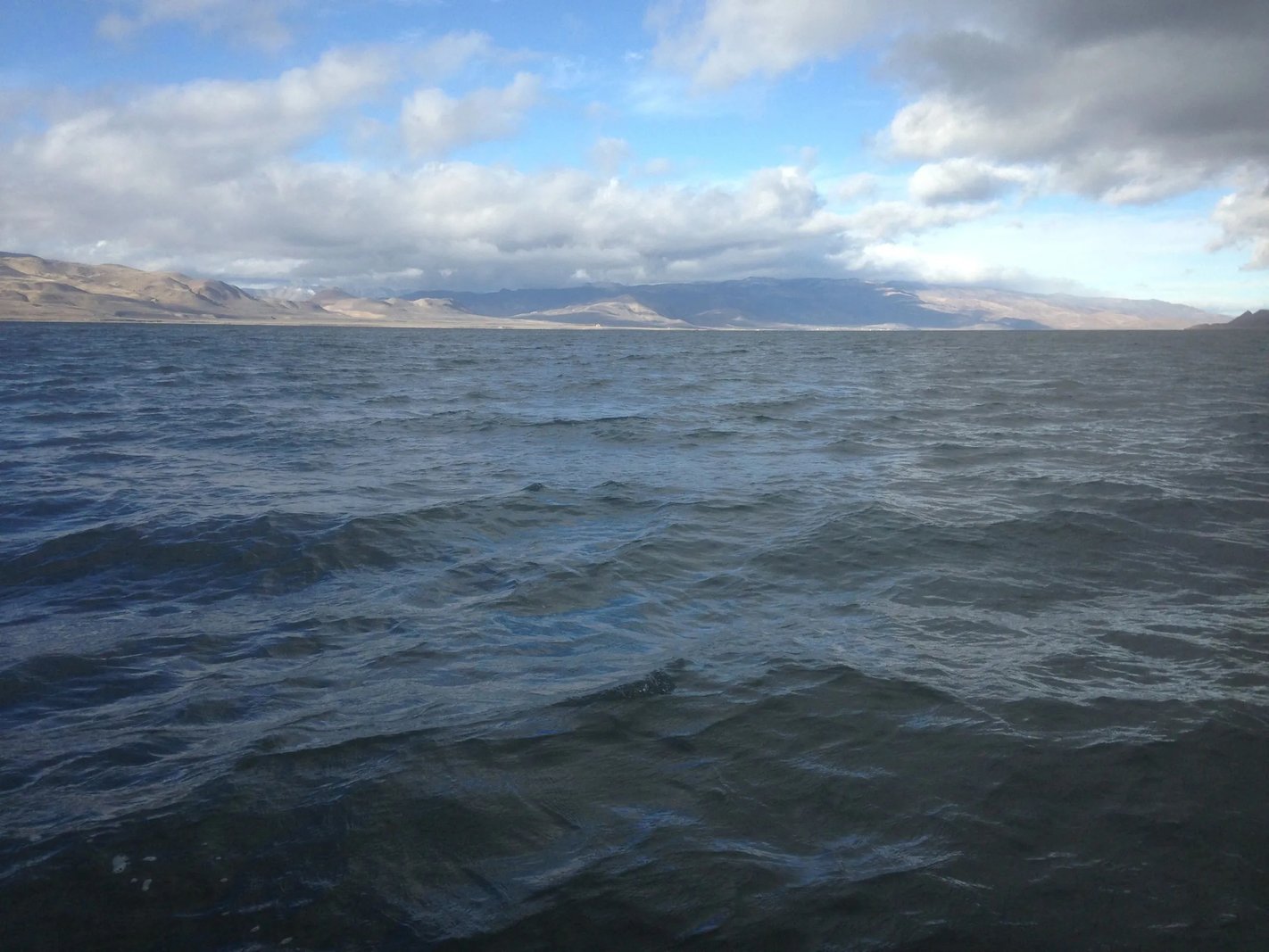 Choppy lake water with distant mountains under a cloudy sky.