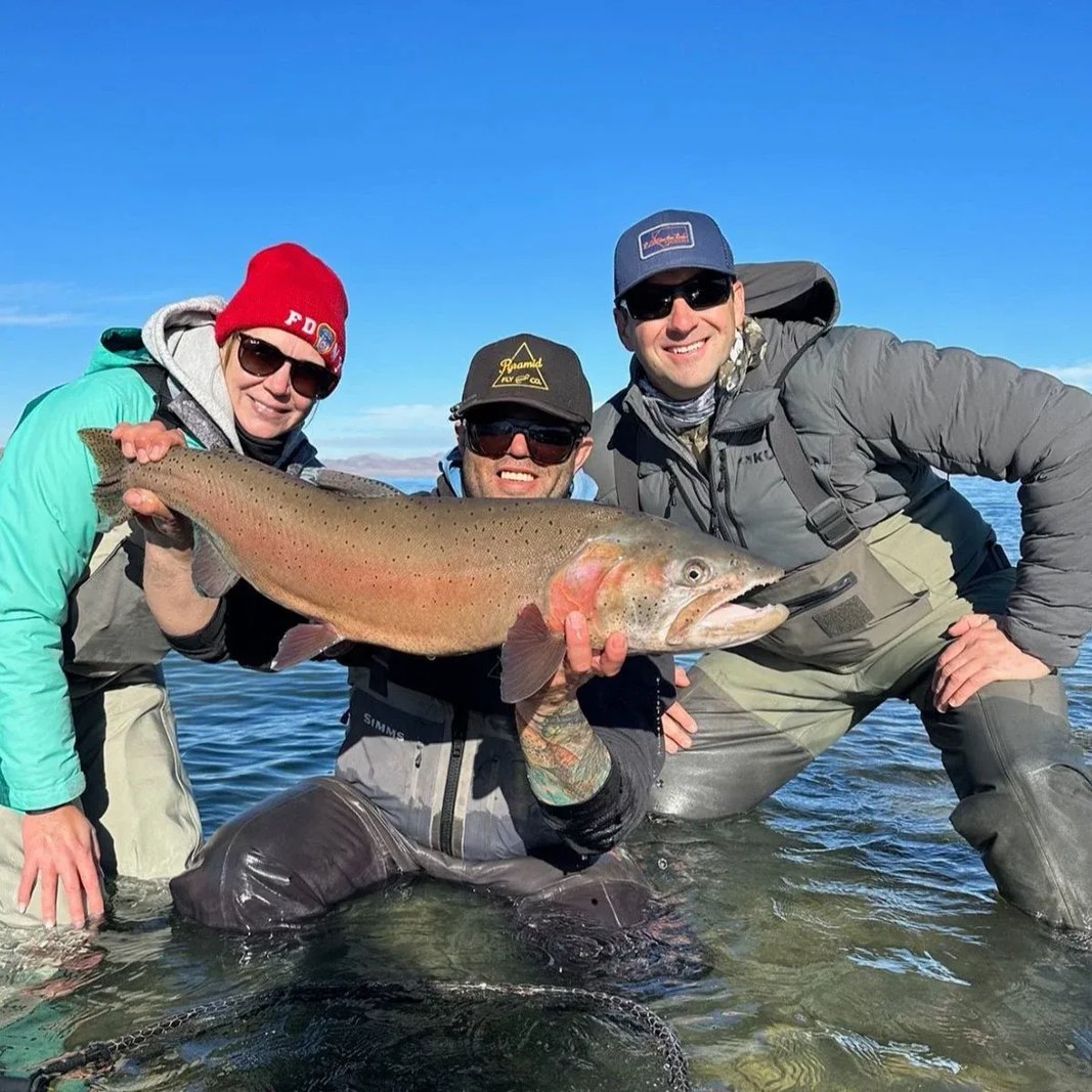 Three anglers in waders holding a large Cutthroat Trout in Pyramid Lake.