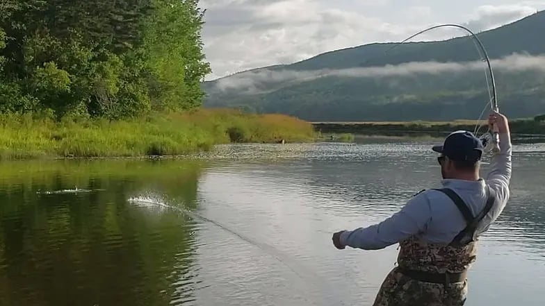 Angler fighting a fish in a wide river with forested mountains in the background.