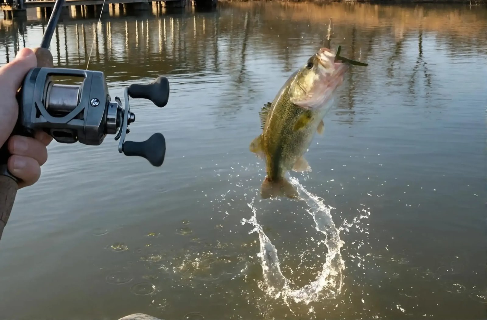 Largemouth Bass jumping from water with a white lure at sunset.