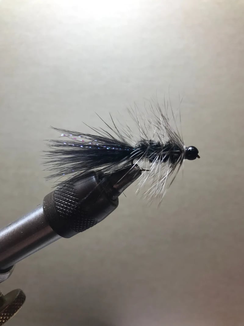 White feathered fly in a tying vise.