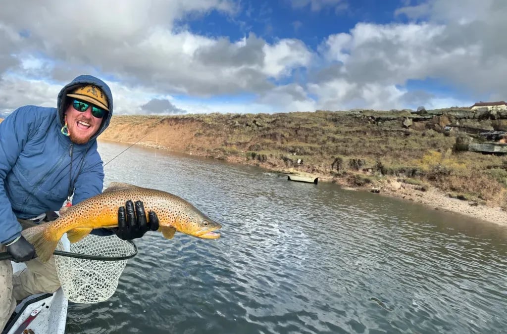 Angler in a blue jacket holding a large Brown Trout on a river with a barren bank.