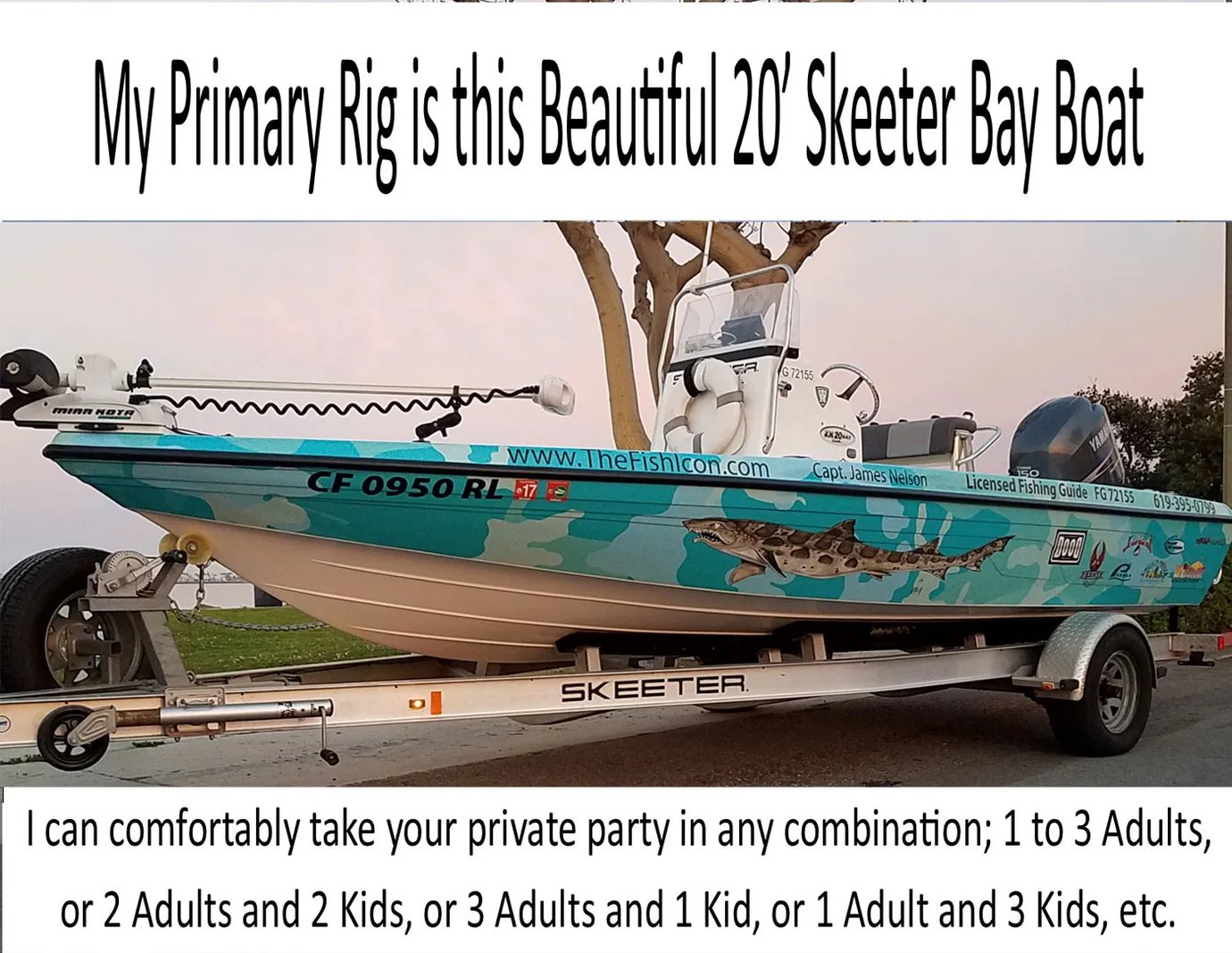 Teal 20-foot Skeeter bay boat with fish graphics on a trailer.