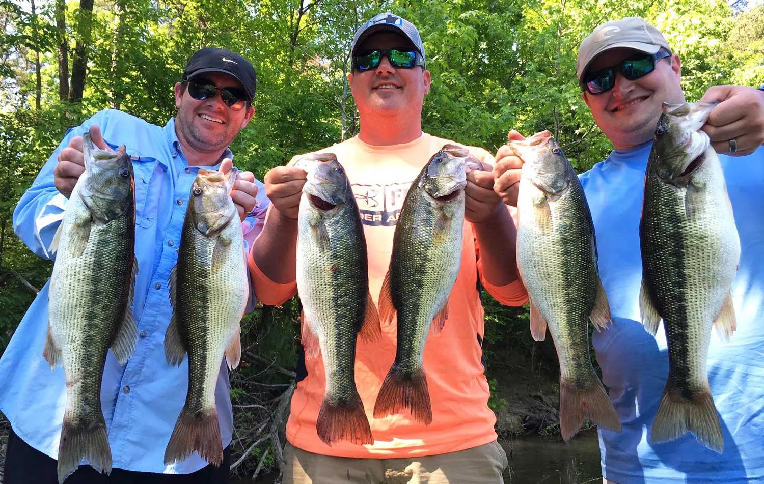 Three anglers proudly display their catch of six Largemouth Bass.
