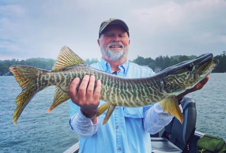 Two anglers smiling and holding a large Tiger Musky on a boat.
