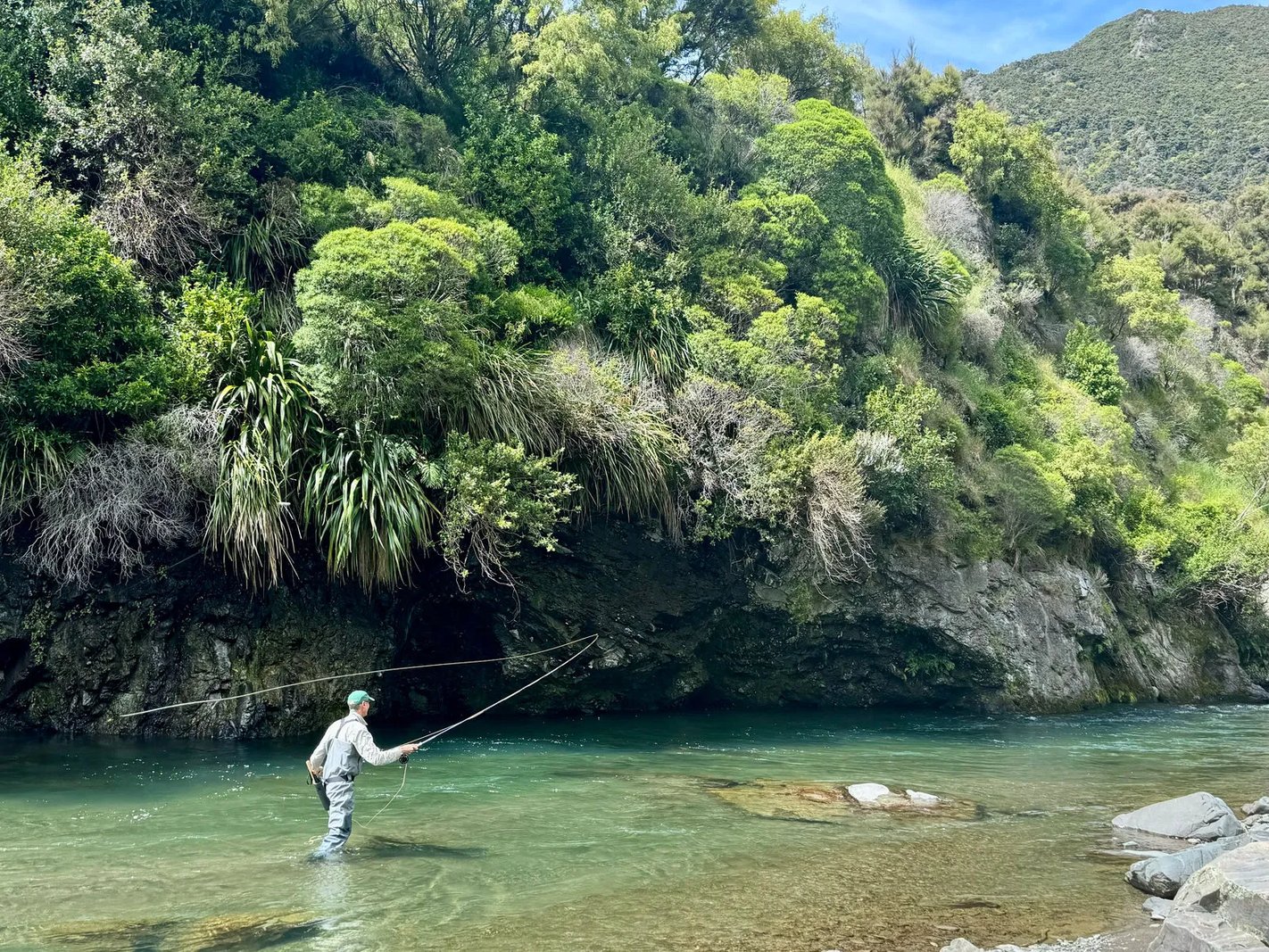 Angler wading and fly casting in a clear river with lush green, rocky banks