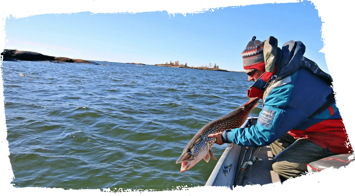 Angler in a blue jacket releasing a Northern Pike over the side of a boat