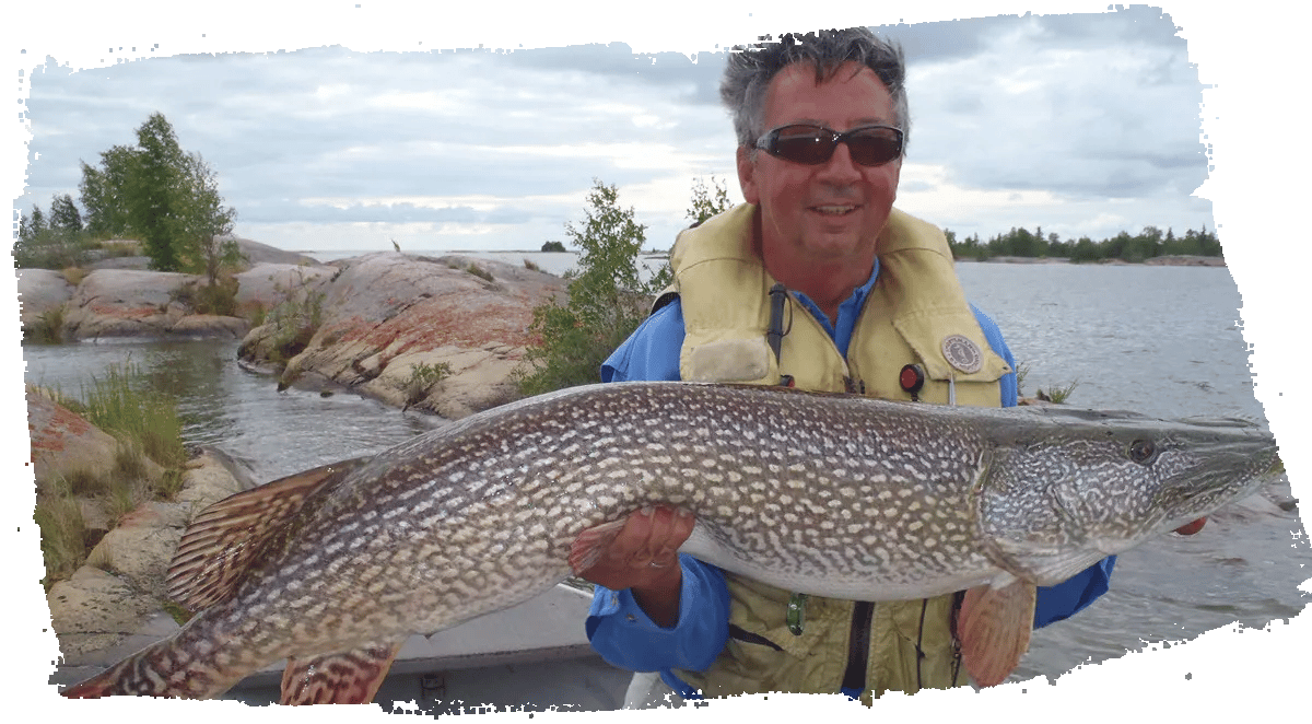Angler in sunglasses holding a large Northern Pike by a rocky shoreline
