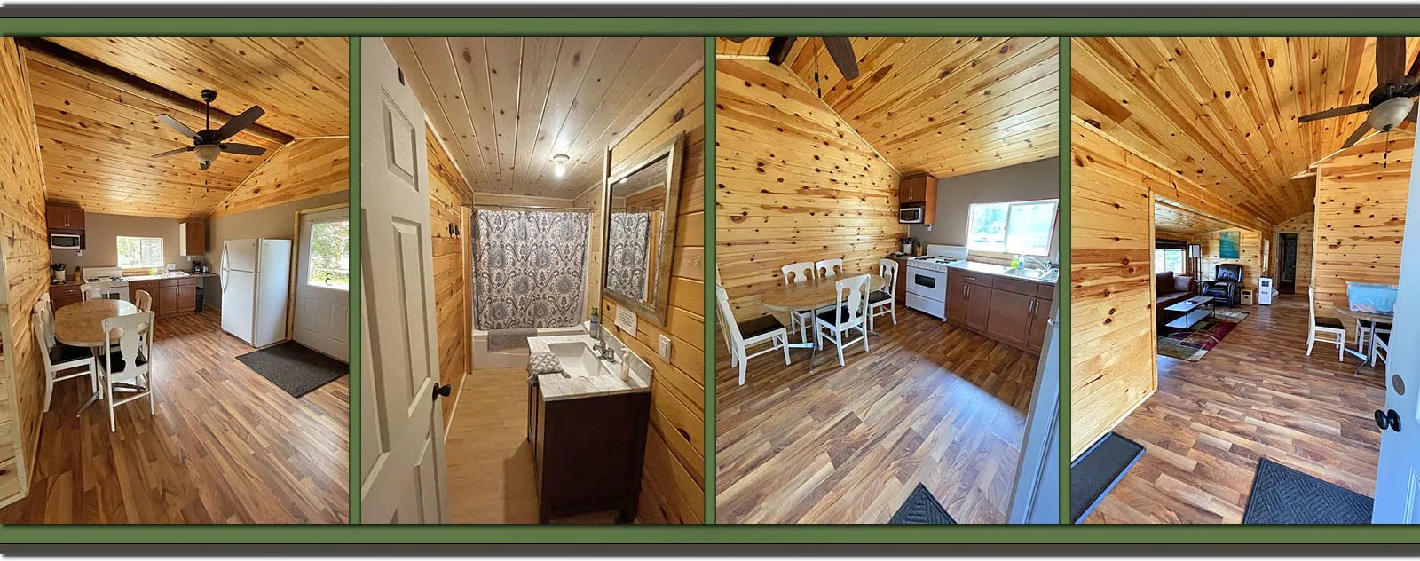 Panoramic interior of a rustic cabin with knotty pine walls, a kitchen, and a bathroom