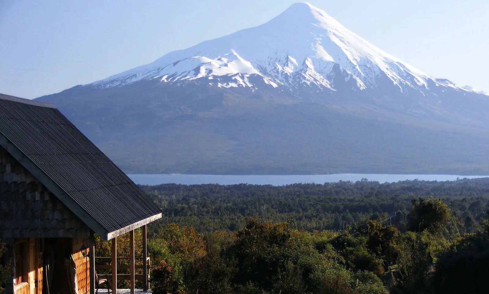 View of snowcapped Osorno volcano and Lago Llanquihue from Tres Rios Lodge.