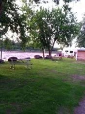 Picnic table and trees on a grassy riverbank.