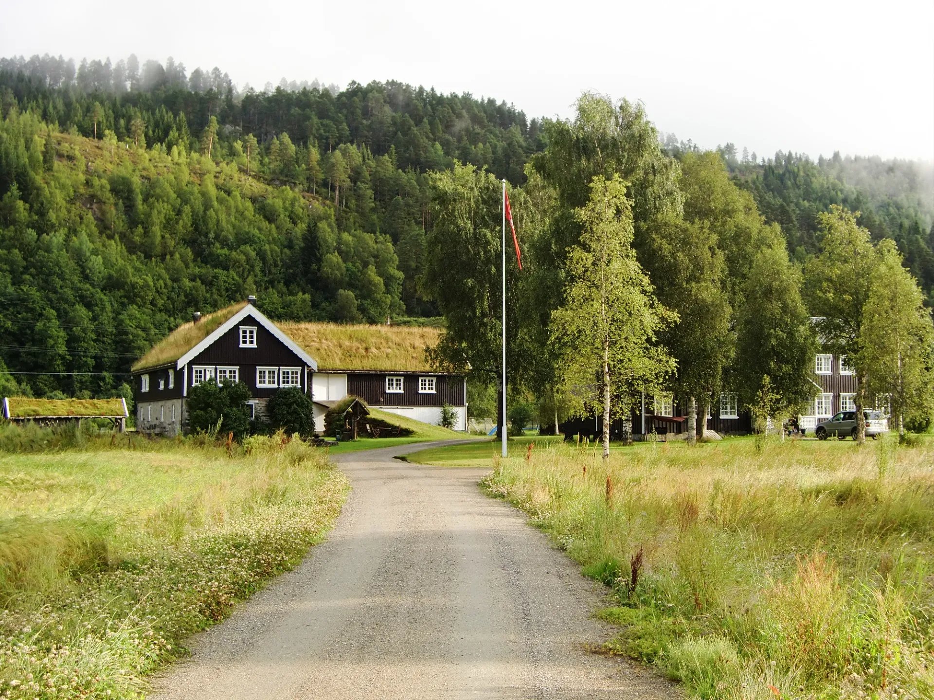 Traditional Norwegian lodge with grass roof and gravel driveway surrounded by green fields and forest