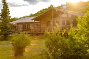 Log lodge building with a large porch and gabled roof at sunset, surrounded by green foliage