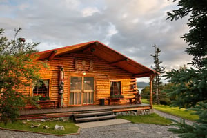 Grosvenor Lodge cabins on a calm lakefront with distant mountains under a clear sky