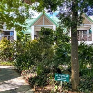 Lodge building with green gabled roof and balconies, framed by tropical trees
