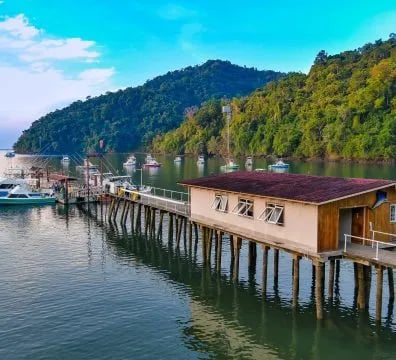 Elevated view of a long wooden dock leading to a lodge building on the water
