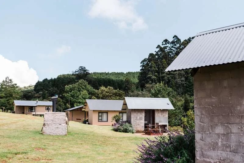 Cluster of small cabins with metal roofs on a grassy hillside.