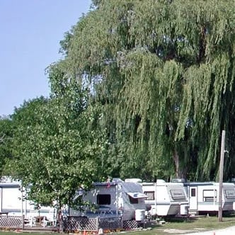 Playground area with wooden structures, picnic tables, and mature trees in autumn